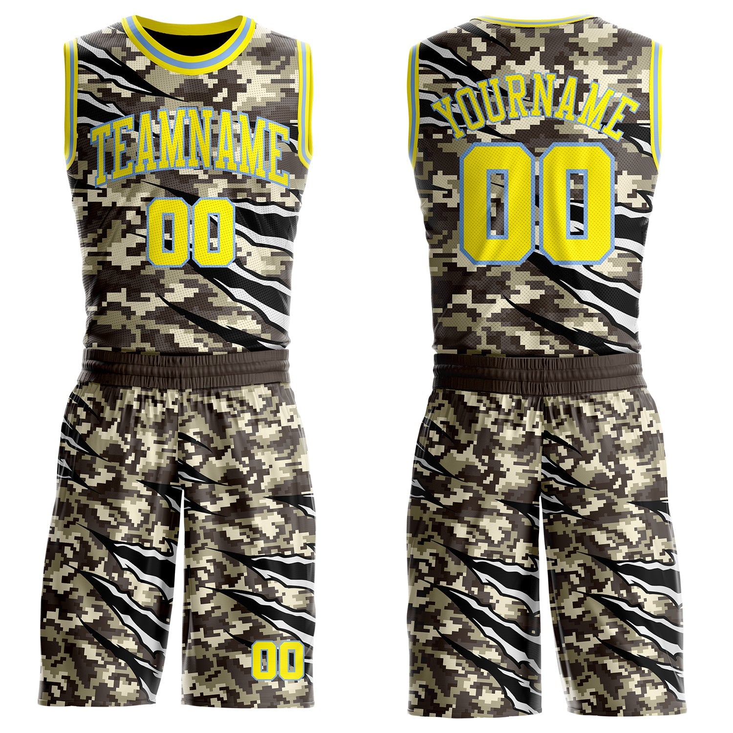 Custom Camo Light Yellow-Powder Blue Desert Camouflage Claw Round Neck Sublimation Salute To Service Basketball Uniform Jersey - Main View