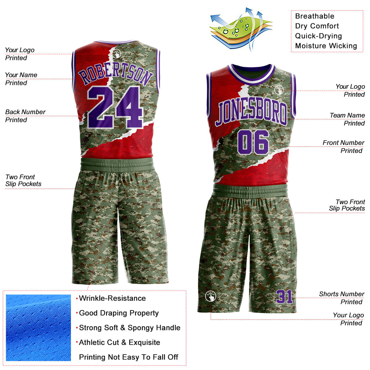 Custom Camo Purple-White Digital Camouflage Torn Paper Style Round Neck Sublimation Salute To Service Basketball Uniform Jersey view 2