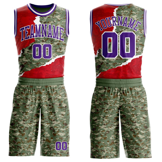 Custom Camo Purple-White Digital Camouflage Torn Paper Style Round Neck Sublimation Salute To Service Basketball Uniform Jersey - Main View