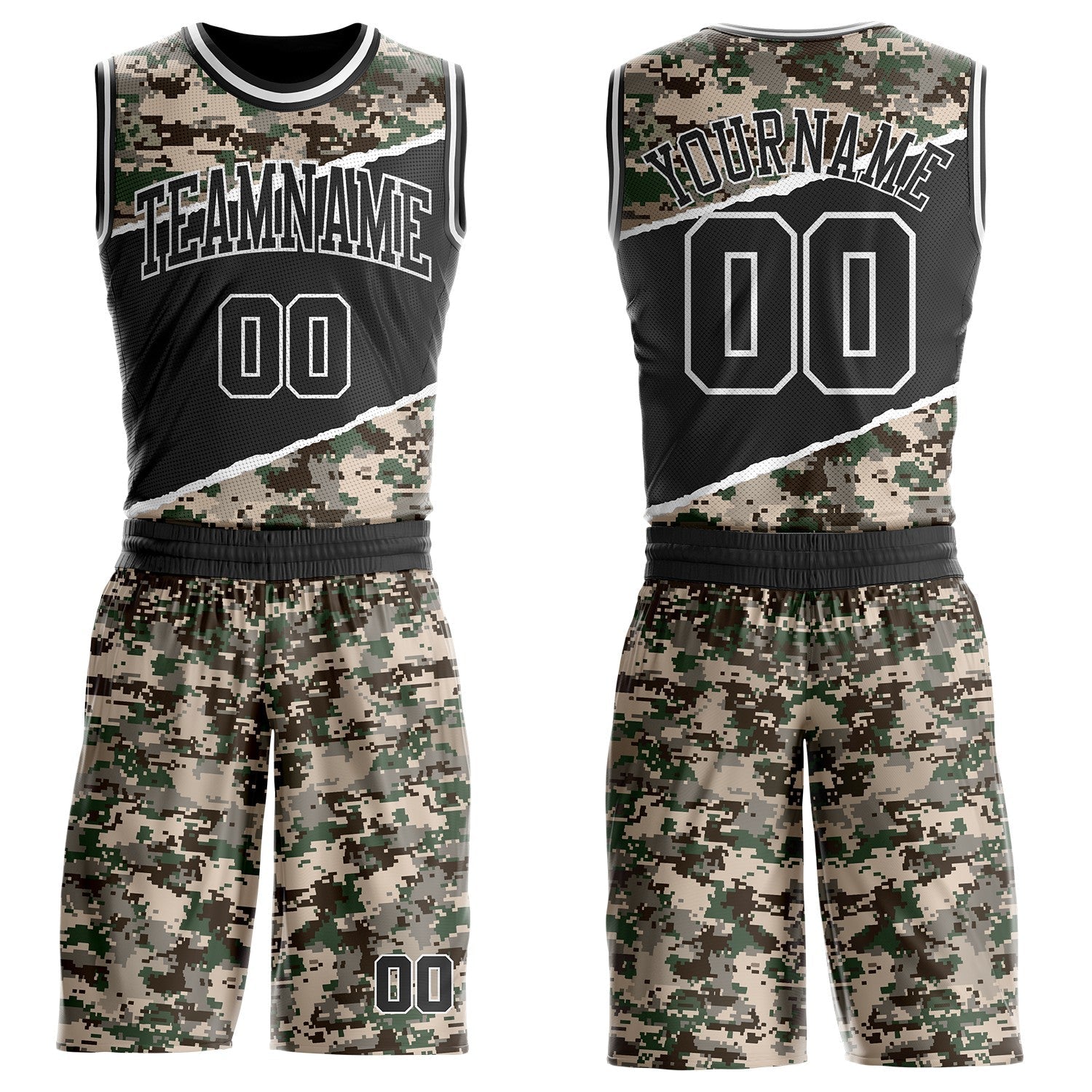 Custom Camo Black-White Digital Camouflage Round Neck Sublimation Salute To Service Basketball Uniform Jersey - Main View
