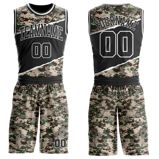 Custom Camo Black-White Digital Camouflage Round Neck Sublimation Salute To Service Basketball Uniform Jersey - Main View