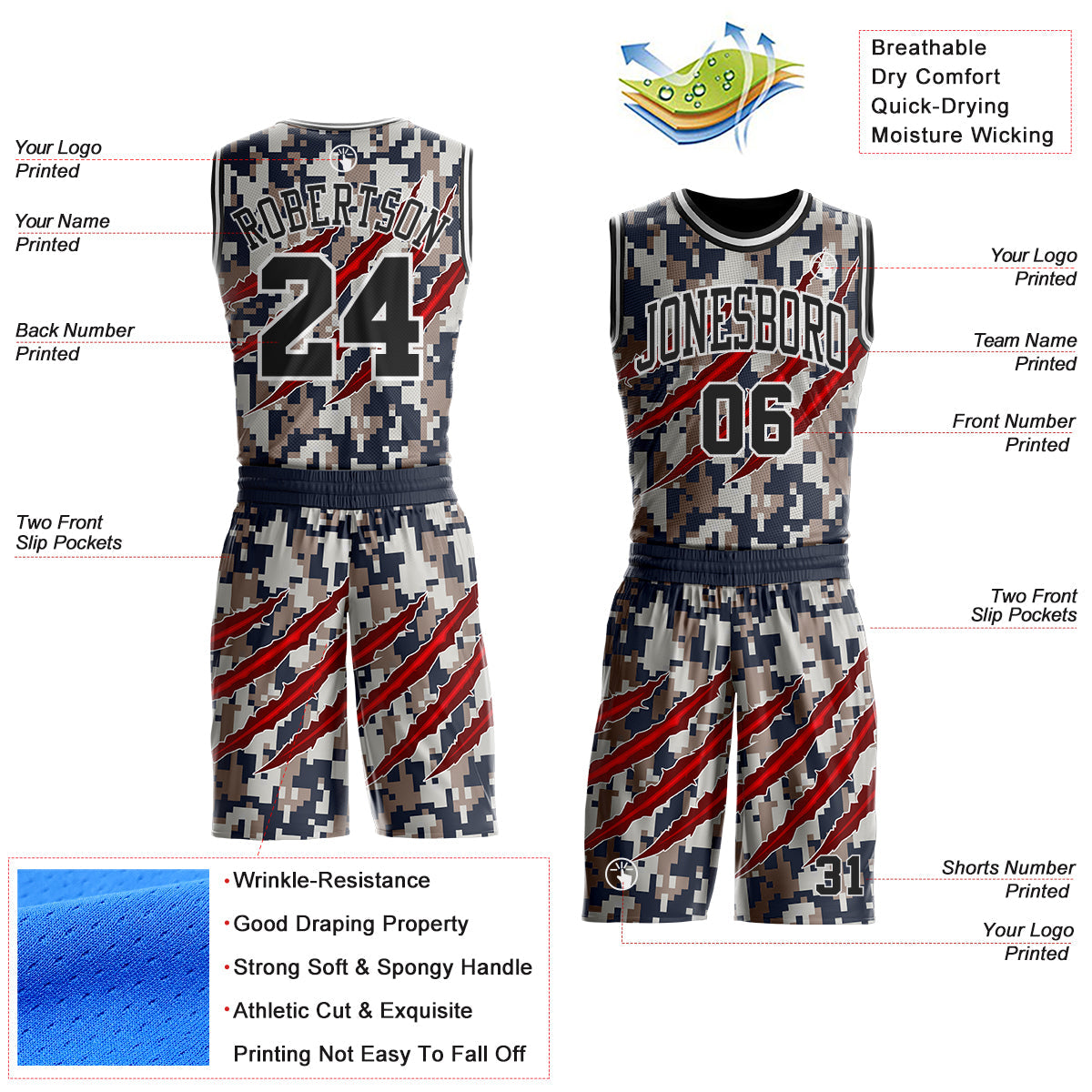 Custom Camo Black-White Digital Camouflage Claw Round Neck Sublimation Salute To Service Basketball Uniform Jersey view 2