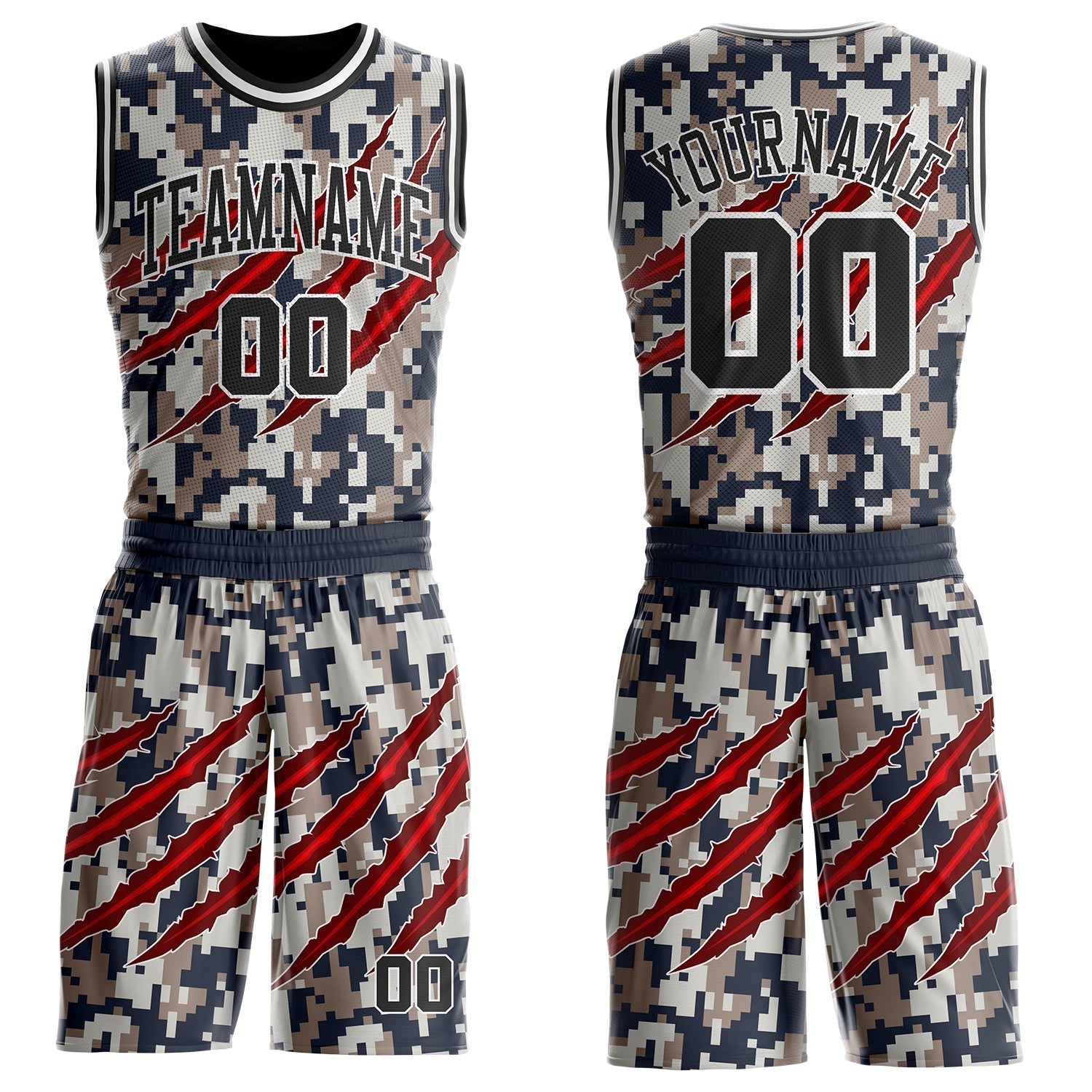 Custom Camo Black-White Digital Camouflage Claw Round Neck Sublimation Salute To Service Basketball Uniform Jersey - Main View