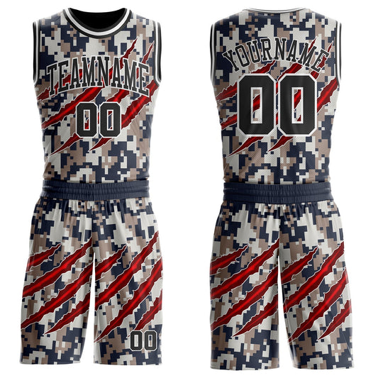 Custom Camo Black-White Digital Camouflage Claw Round Neck Sublimation Salute To Service Basketball Uniform Jersey - Main View