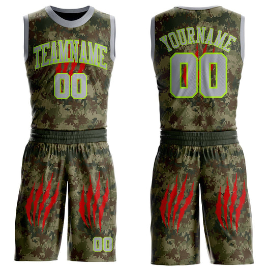 Custom Camo Gray-Neon Green Digital Camouflage Claw Round Neck Sublimation Salute To Service Basketball Uniform Jersey - Main View