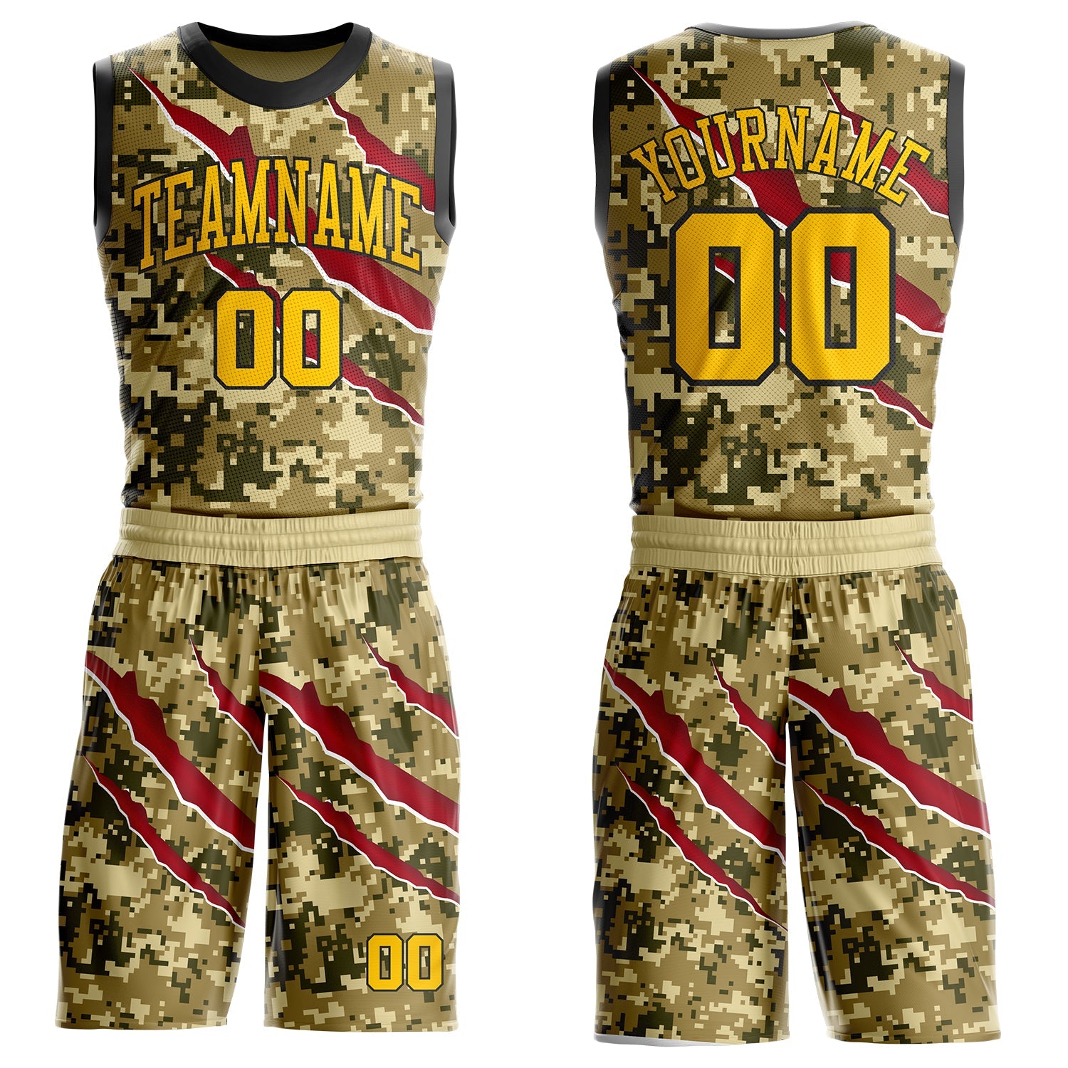 Custom Camo Yellow-Black Desert Camouflage Claw Round Neck Sublimation Salute To Service Basketball Uniform Jersey - Main View