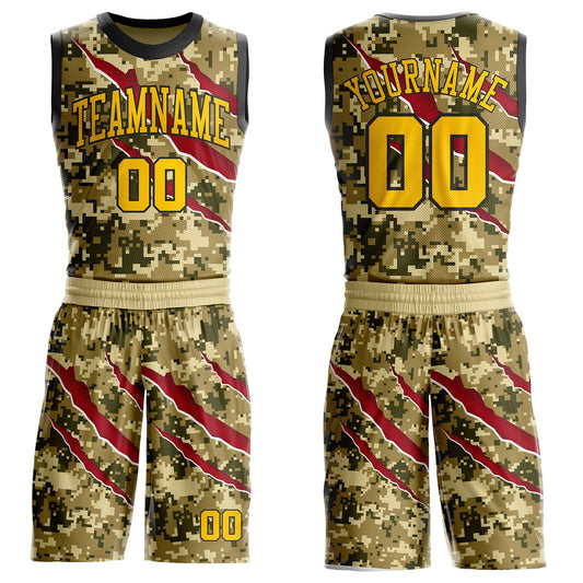 Custom Camo Yellow-Black Desert Camouflage Claw Round Neck Sublimation Salute To Service Basketball Uniform Jersey - Main View