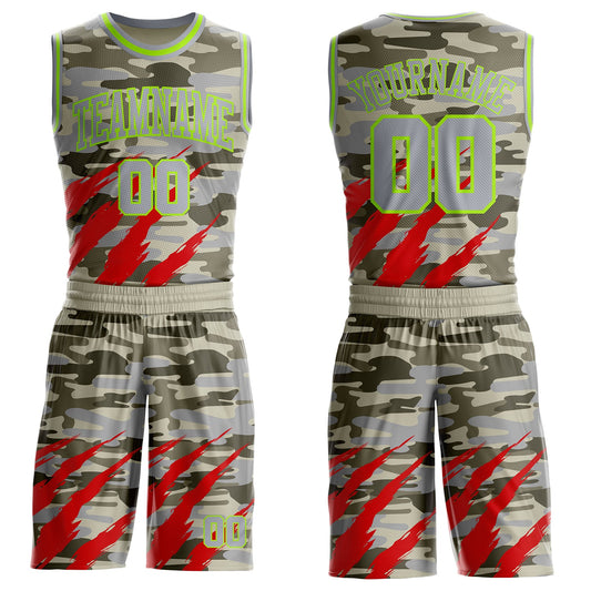 Custom Camo Gray-Neon Green Desert Camouflage Claw Round Neck Sublimation Salute To Service Basketball Uniform Jersey - Main View