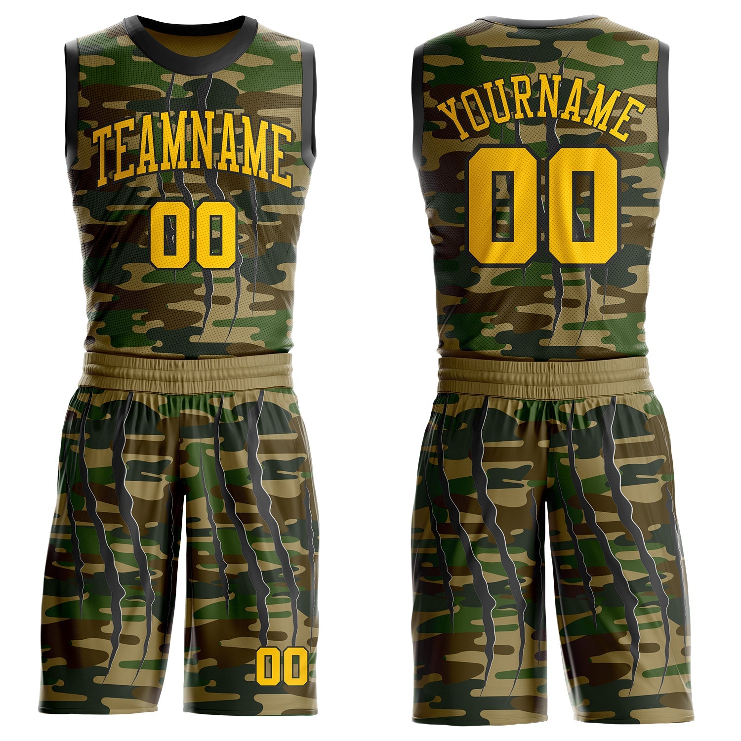 Custom Camo Yellow-Black Digital Camouflage Claw Round Neck Sublimation Salute To Service Basketball Uniform Jersey - Main View