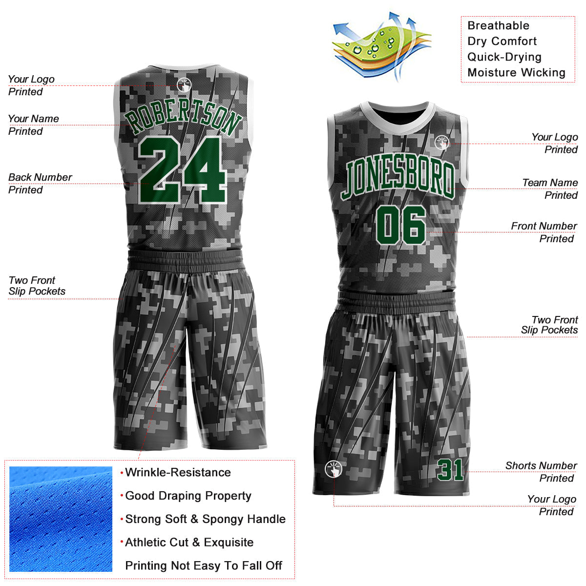 Custom Camo Green-White Digital Camouflage Claw Round Neck Sublimation Salute To Service Basketball Uniform Jersey view 2