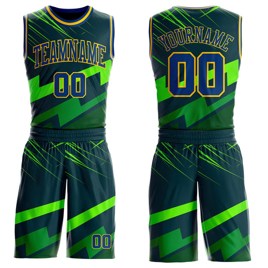 Custom Green US Navy Blue-Yellow Vibrant Lightning Stripe Round Neck Sublimation Basketball Uniform Jersey - Main View