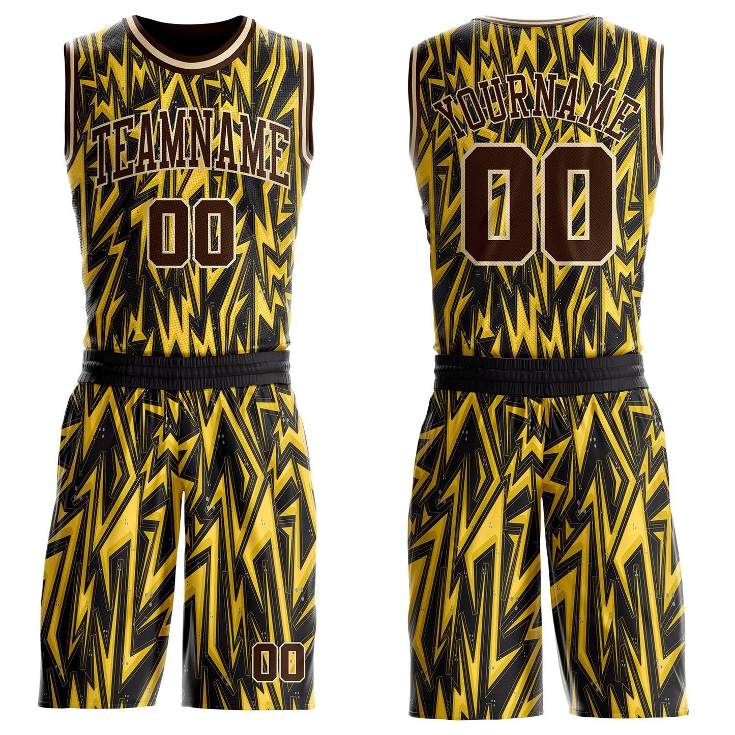 Custom Black Brown Yellow-Cream Edgy Lightning Round Neck Sublimation Basketball Uniform Jersey - Main View