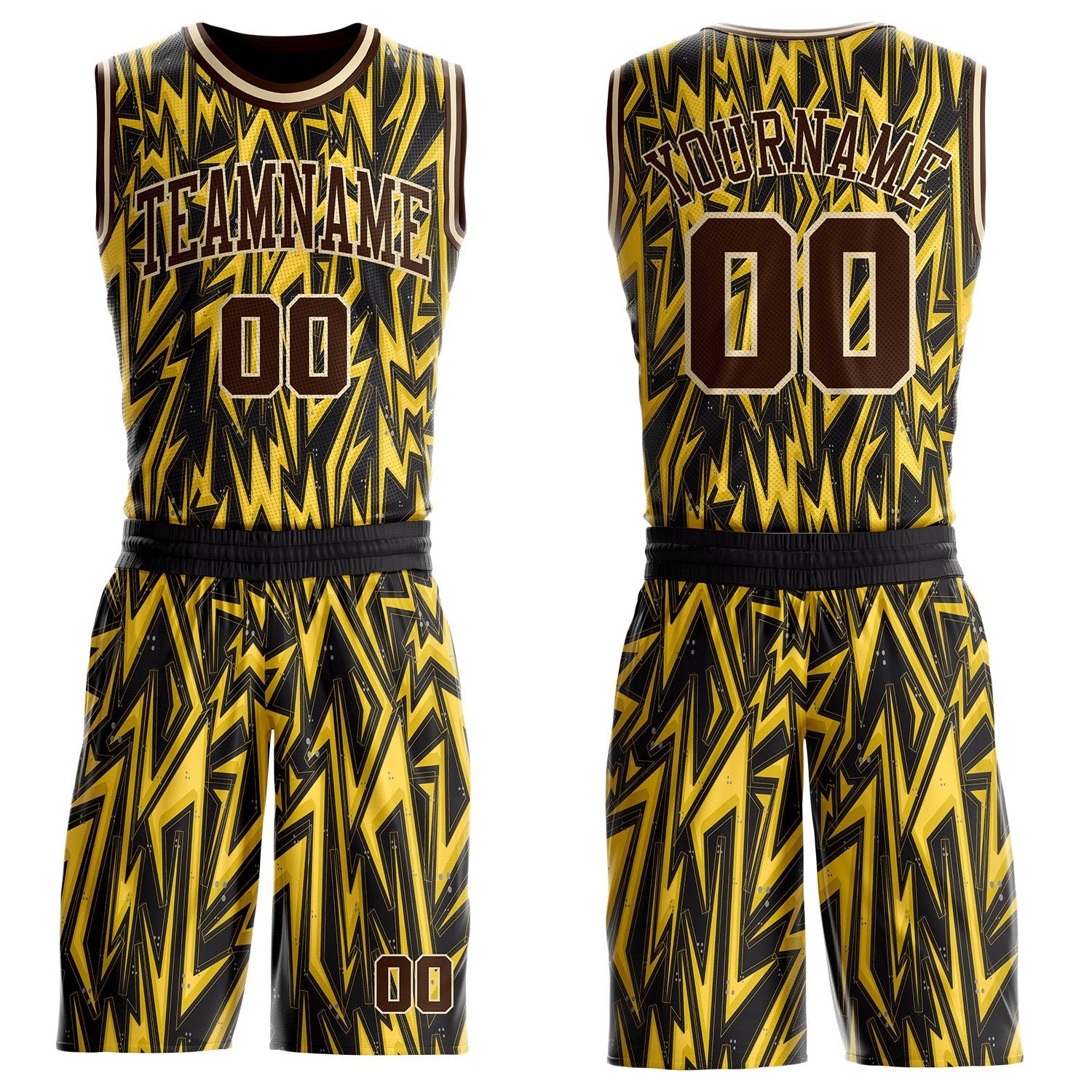 Custom Black Brown Yellow-Cream Edgy Lightning Round Neck Sublimation Basketball Uniform Jersey - Main View