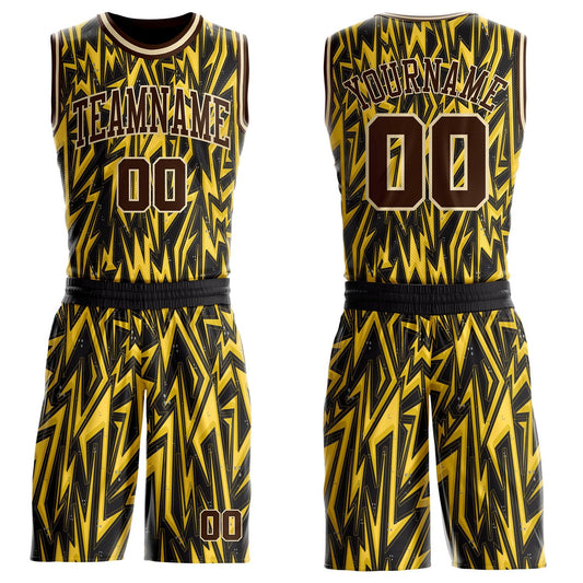 Custom Black Brown Yellow-Cream Edgy Lightning Round Neck Sublimation Basketball Uniform Jersey - Main View