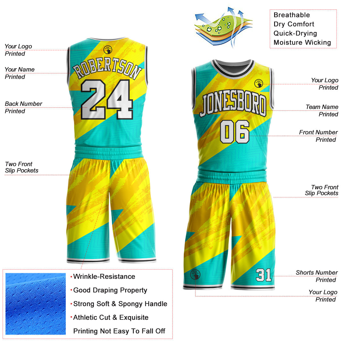 Custom Ice Blue White Yellow-Black Lightning Diagonal Brush Round Neck Sublimation Basketball Uniform Jersey view 2