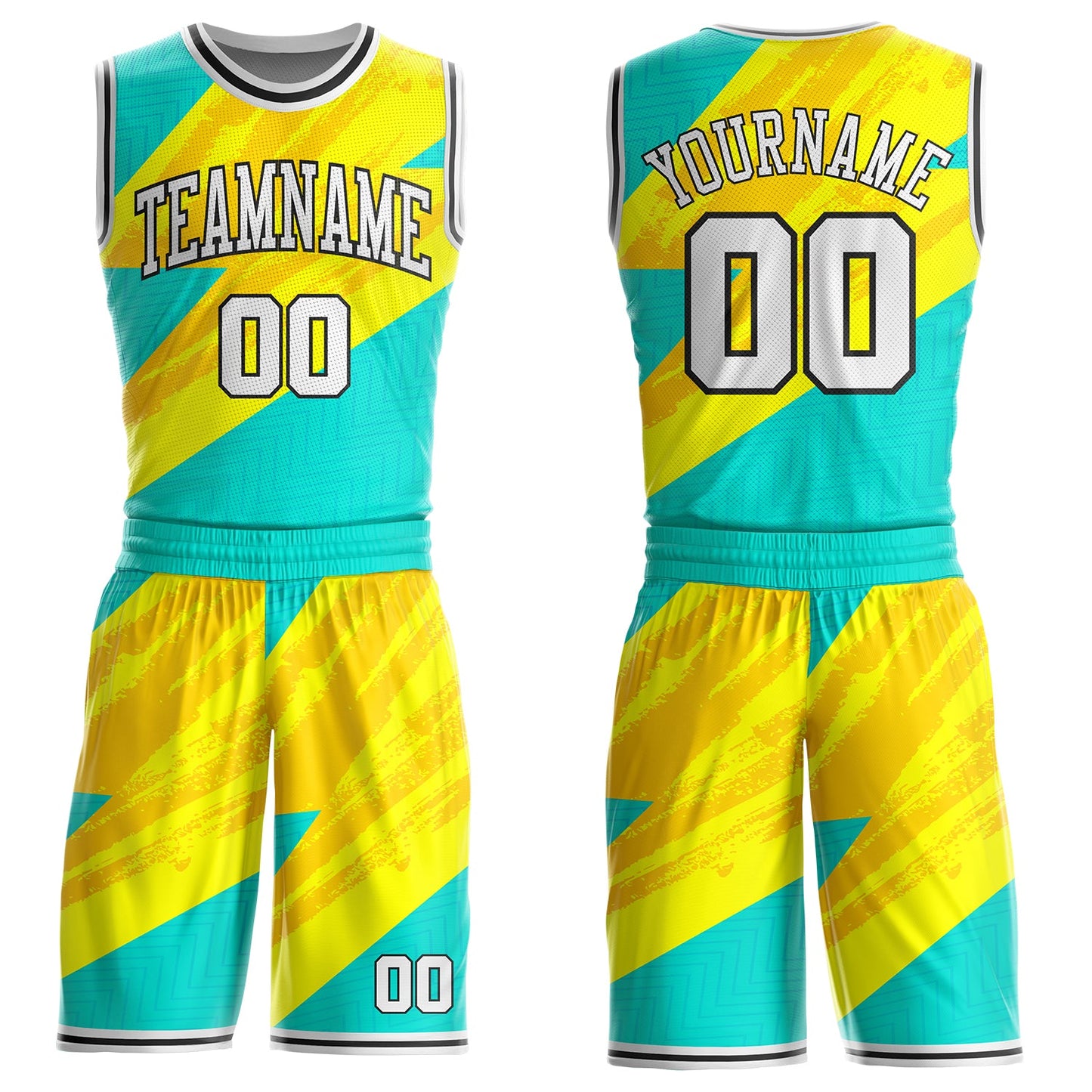 Custom Ice Blue White Yellow-Black Lightning Diagonal Brush Round Neck Sublimation Basketball Uniform Jersey - Main View
