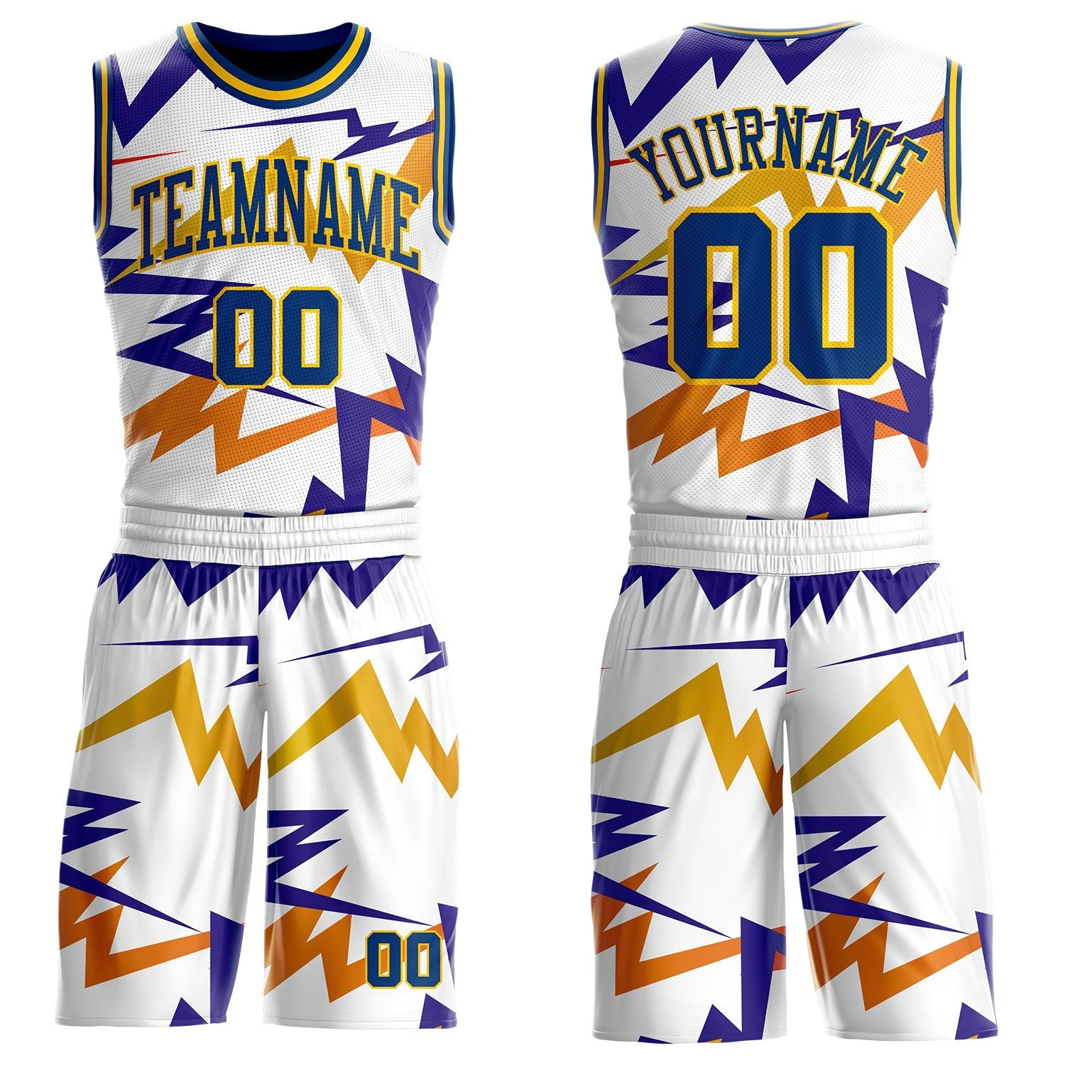 Custom White US Navy Blue-Yellow Retro Lightning Round Neck Sublimation Basketball Uniform Jersey - Main View