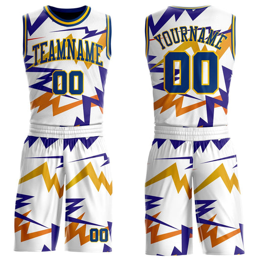 Custom White US Navy Blue-Yellow Retro Lightning Round Neck Sublimation Basketball Uniform Jersey - Main View