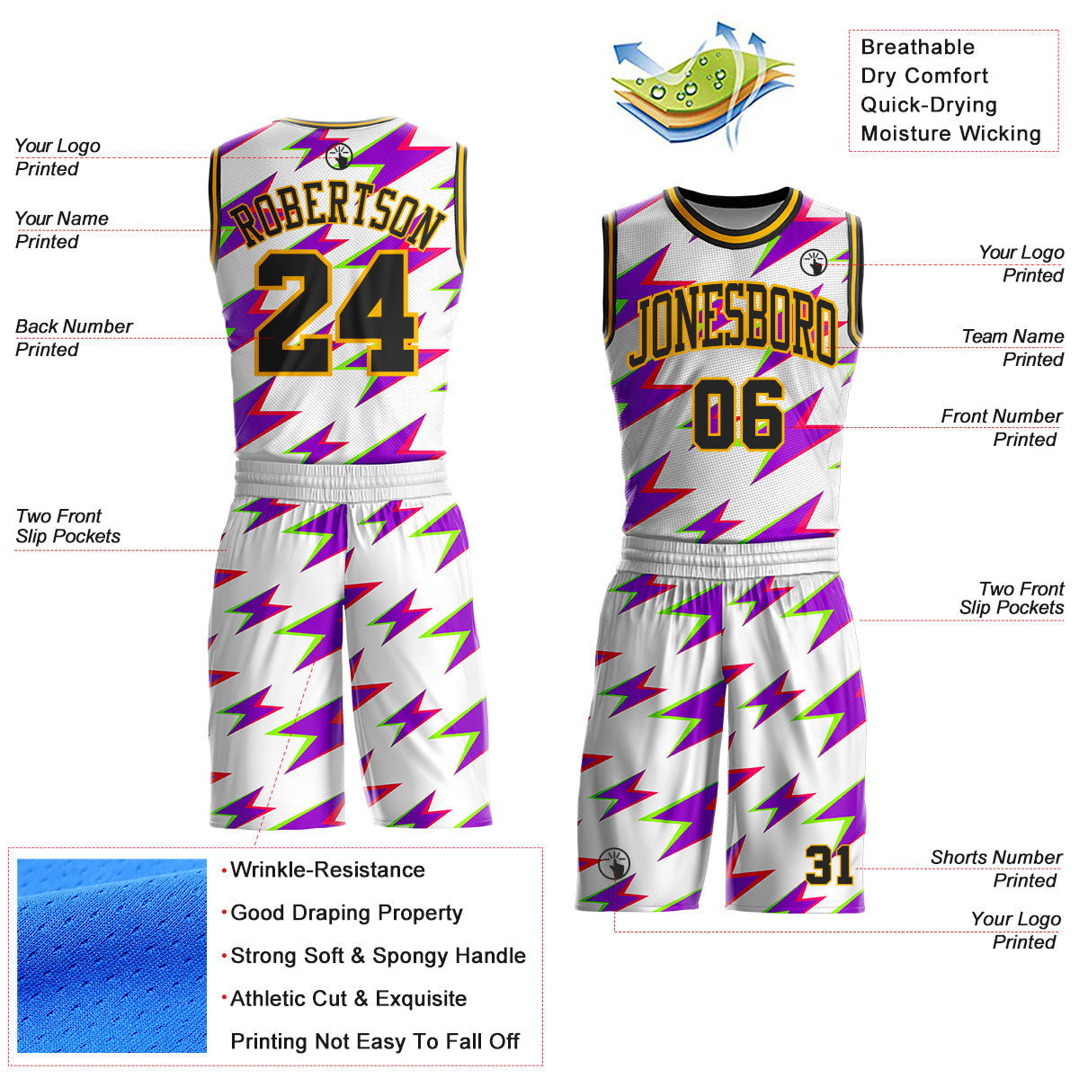 Custom White Black Purple-Gold Retro Lightning Round Neck Sublimation Basketball Uniform Jersey view 2