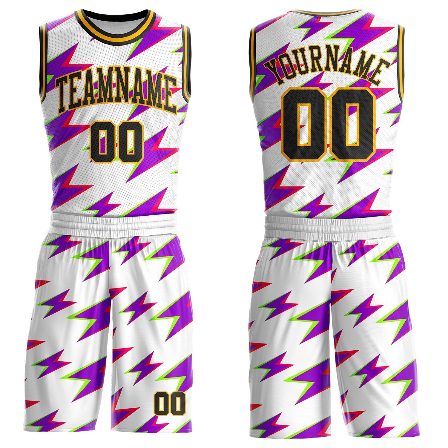 Custom White Black Purple-Gold Retro Lightning Round Neck Sublimation Basketball Uniform Jersey - Main View