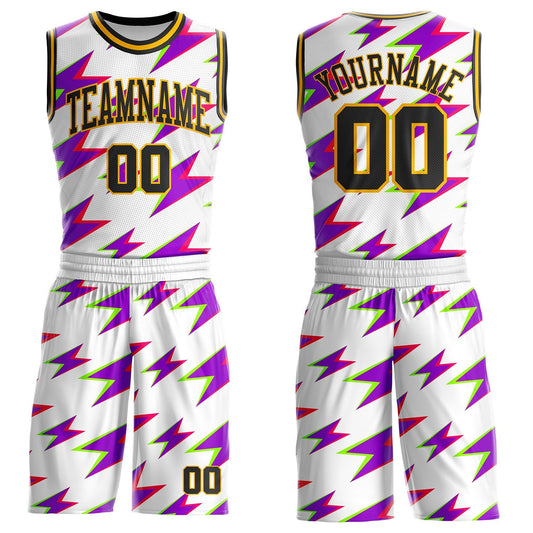 Custom White Black Purple-Gold Retro Lightning Round Neck Sublimation Basketball Uniform Jersey - Main View