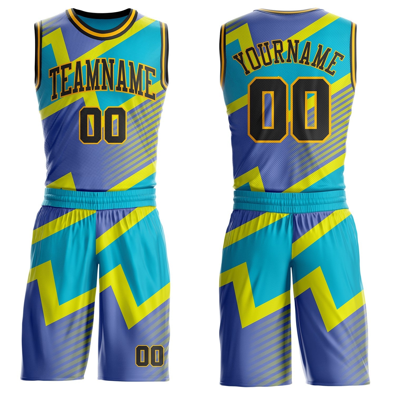 Custom Blue Black-Gold Vibrant Lightning Stripe Round Neck Sublimation Basketball Uniform Jersey - Main View
