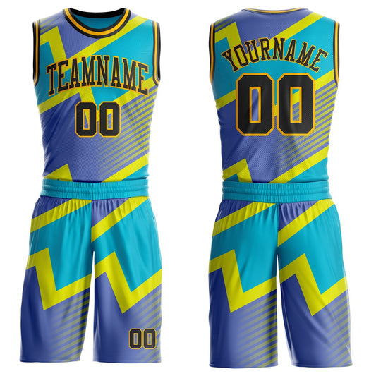 Custom Blue Black-Gold Vibrant Lightning Stripe Round Neck Sublimation Basketball Uniform Jersey - Main View
