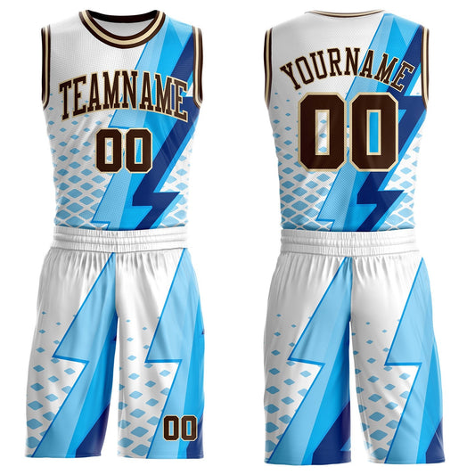 Custom White Brown Blue-Cream Vibrant Lightning Stripe Round Neck Sublimation Basketball Uniform Jersey - Main View