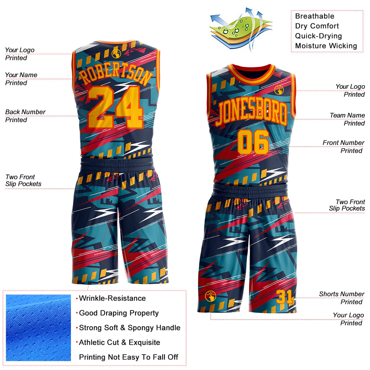 Custom Blue Gold-Orange Abstract Lightning Round Neck Sublimation Basketball Uniform Jersey view 2