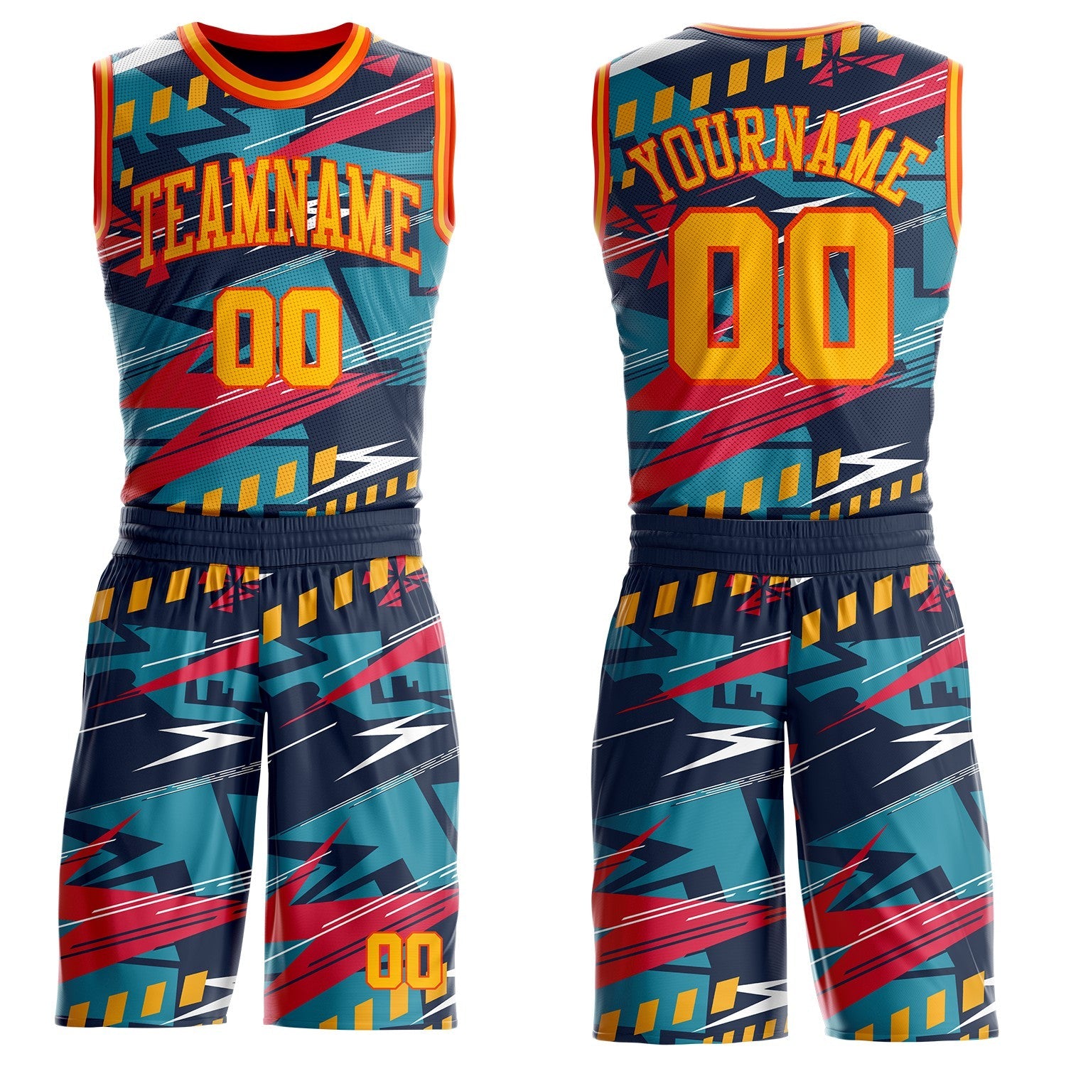 Custom Blue Gold-Orange Abstract Lightning Round Neck Sublimation Basketball Uniform Jersey - Main View