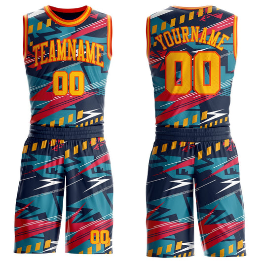 Custom Blue Gold-Orange Abstract Lightning Round Neck Sublimation Basketball Uniform Jersey - Main View