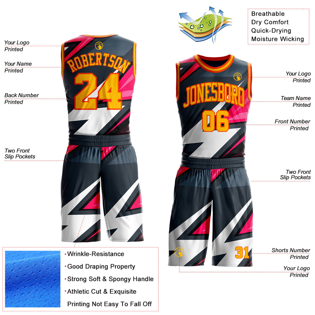 Custom Black Gold Pink-Orange Vibrant Lightning Stripe Round Neck Sublimation Basketball Uniform Jersey view 2