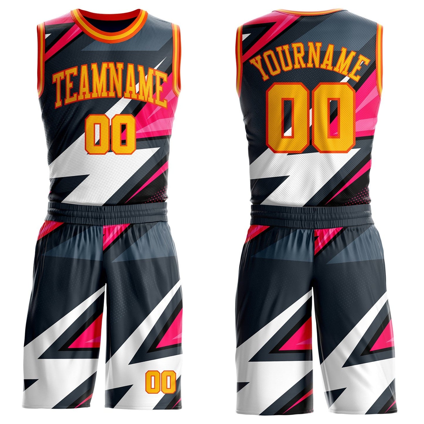 Custom Black Gold Pink-Orange Vibrant Lightning Stripe Round Neck Sublimation Basketball Uniform Jersey - Main View