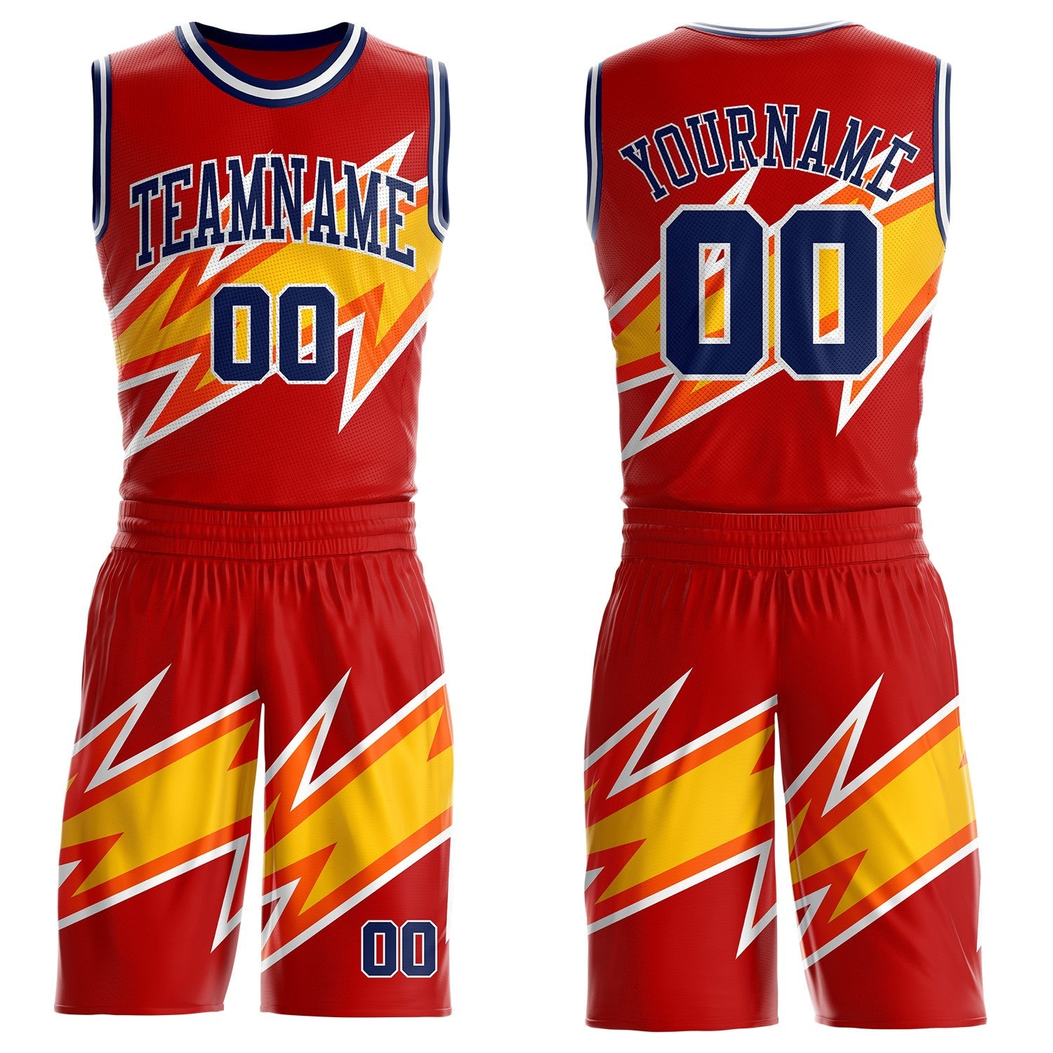 Custom Red Navy Yellow-White Vibrant Lightning Stripe Round Neck Sublimation Basketball Uniform Jersey - Main View