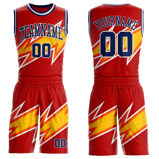 Custom Red Navy Yellow-White Vibrant Lightning Stripe Round Neck Sublimation Basketball Uniform Jersey - Main View