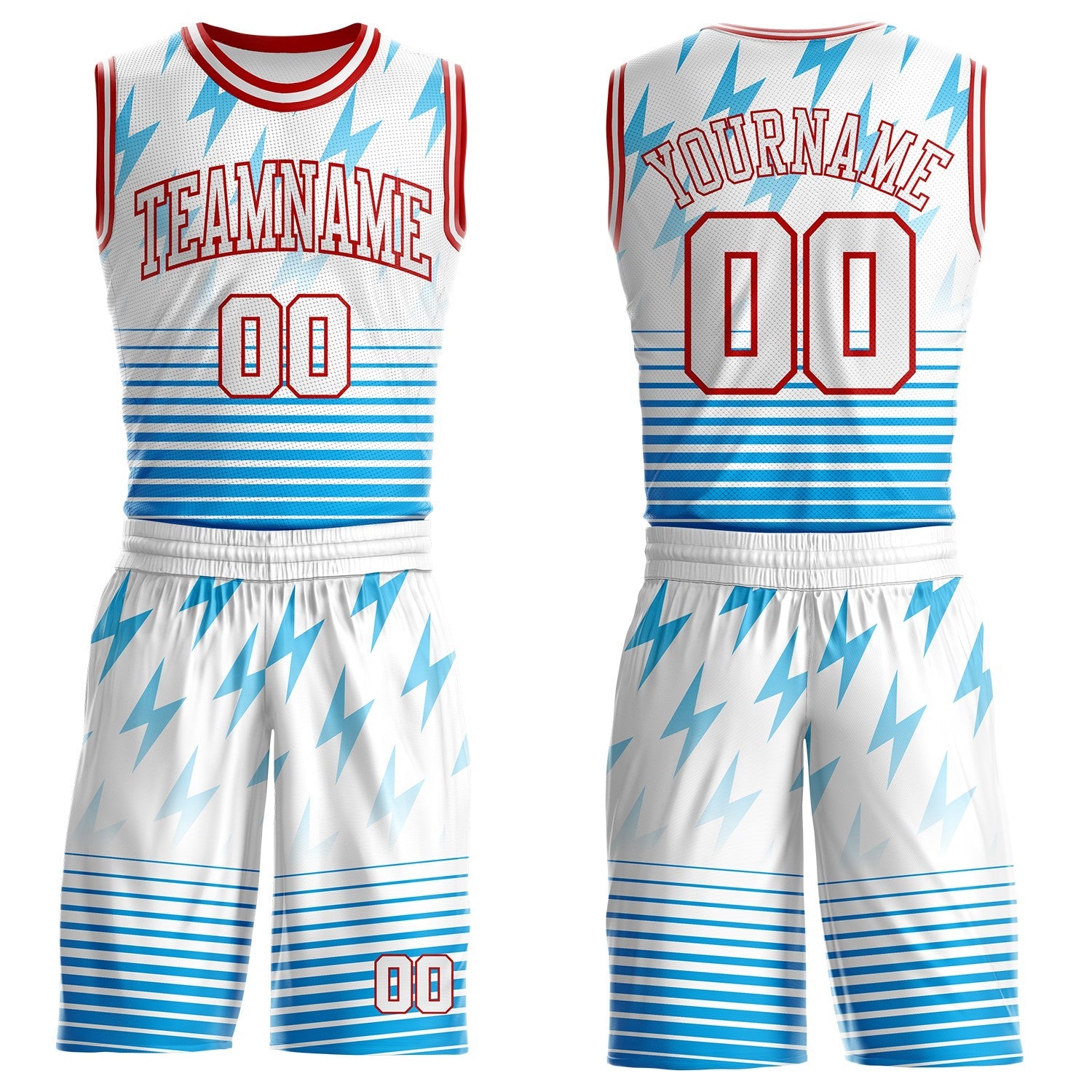 Custom White Blue-Red Lightning Stripe Round Neck Sublimation Basketball Uniform Jersey - Main View