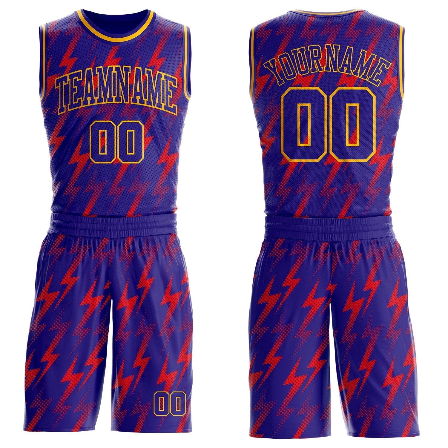 Custom Dark Purple Red-Gold Gradient Lightning Round Neck Sublimation Basketball Uniform Jersey - Main View