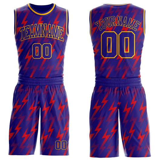 Custom Dark Purple Red-Gold Gradient Lightning Round Neck Sublimation Basketball Uniform Jersey - Main View