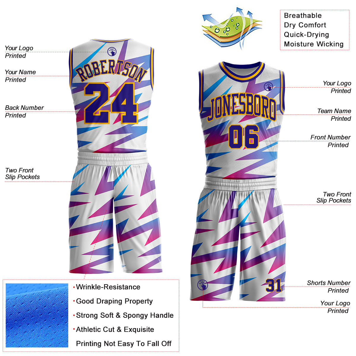 Custom White Dark Purple-Gold Abstract Lightning Round Neck Sublimation Basketball Uniform Jersey view 2