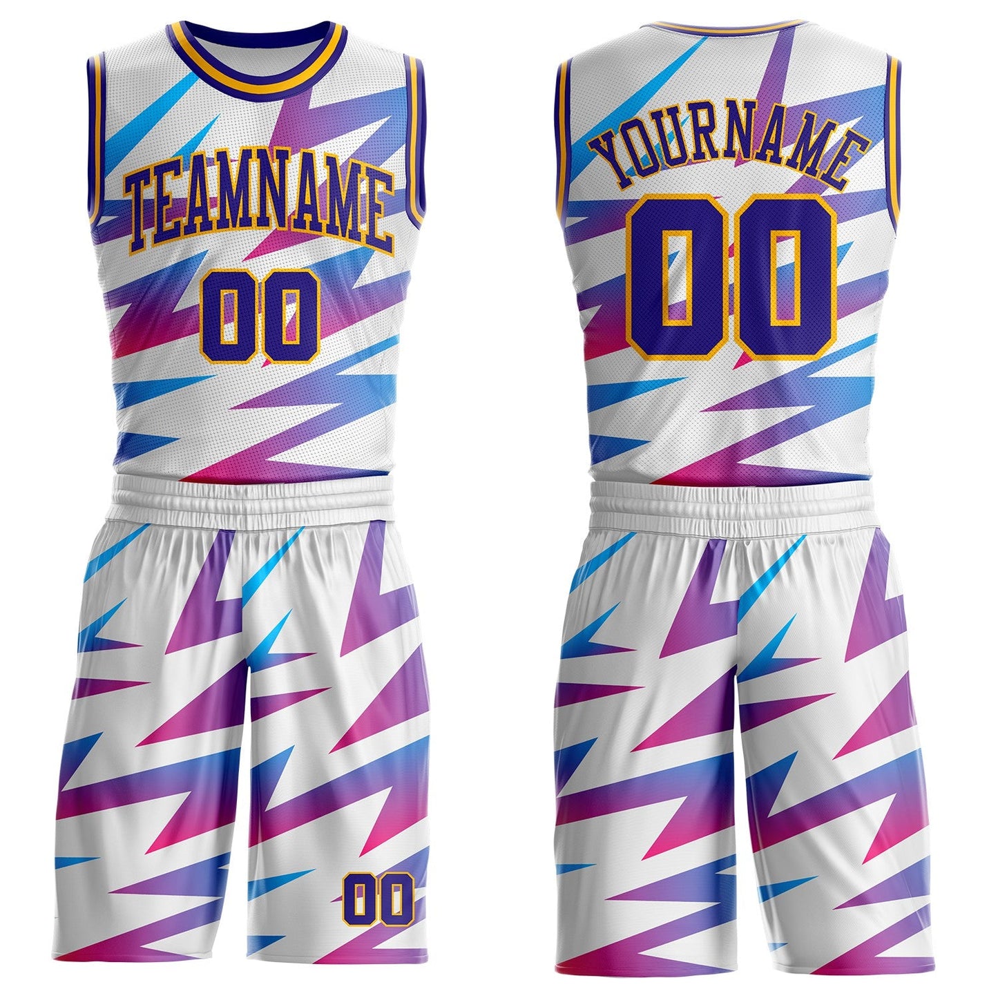 Custom White Dark Purple-Gold Abstract Lightning Round Neck Sublimation Basketball Uniform Jersey - Main View