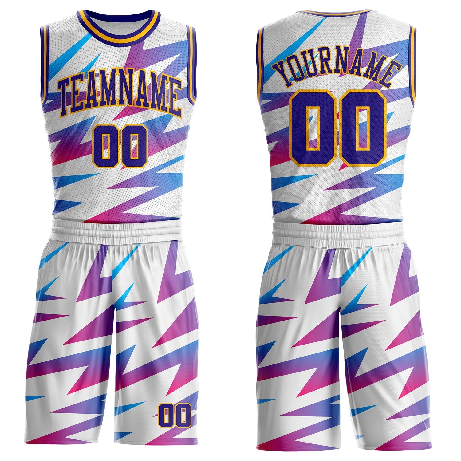 Custom White Dark Purple-Gold Abstract Lightning Round Neck Sublimation Basketball Uniform Jersey - Main View