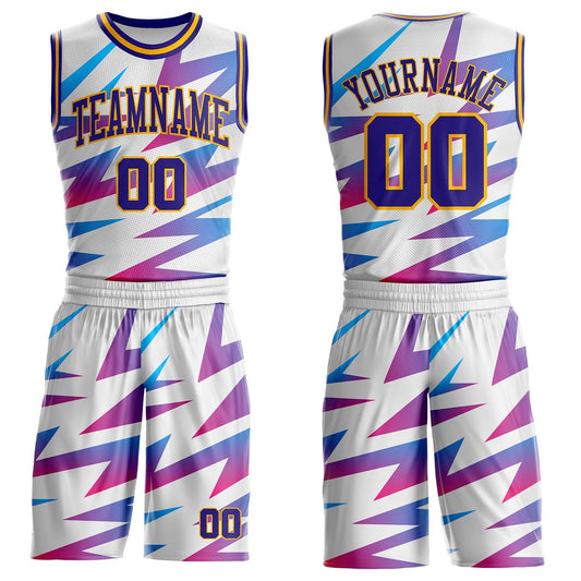 Custom White Dark Purple-Gold Abstract Lightning Round Neck Sublimation Basketball Uniform Jersey - Main View