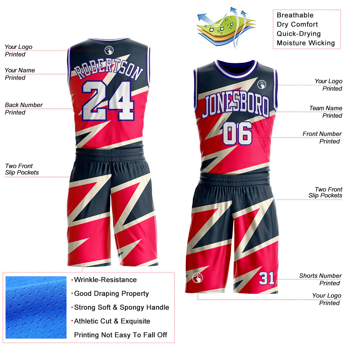 Custom Black White Red Cream-Dark Purple Vibrant Lightning Stripe Round Neck Sublimation Basketball Uniform Jersey view 2