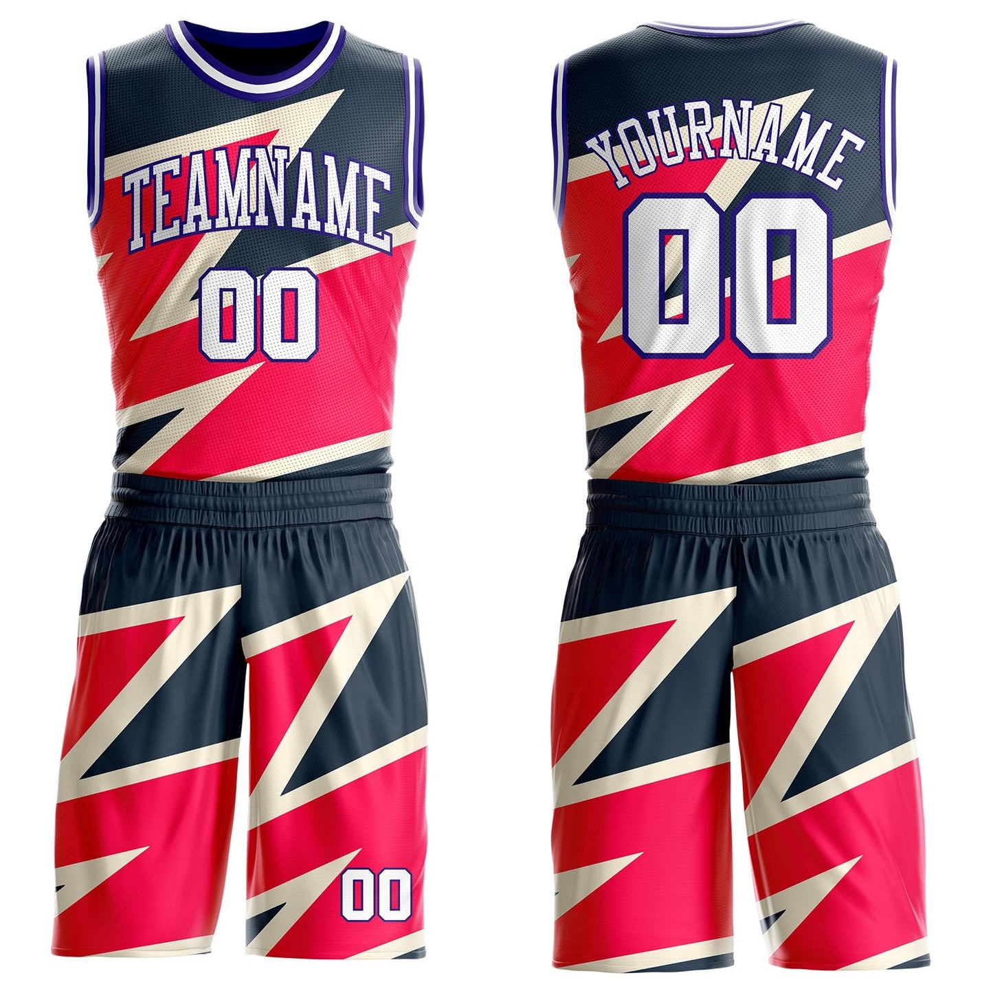 Custom Black White Red Cream-Dark Purple Vibrant Lightning Stripe Round Neck Sublimation Basketball Uniform Jersey - Main View