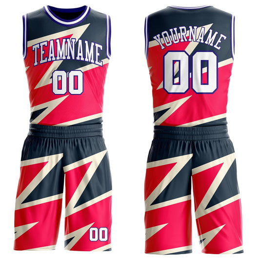 Custom Black White Red Cream-Dark Purple Vibrant Lightning Stripe Round Neck Sublimation Basketball Uniform Jersey - Main View