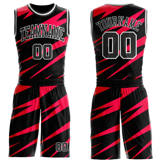 Custom Black Red-White Vibrant Lightning Stripe Round Neck Sublimation Basketball Uniform Jersey - Main View
