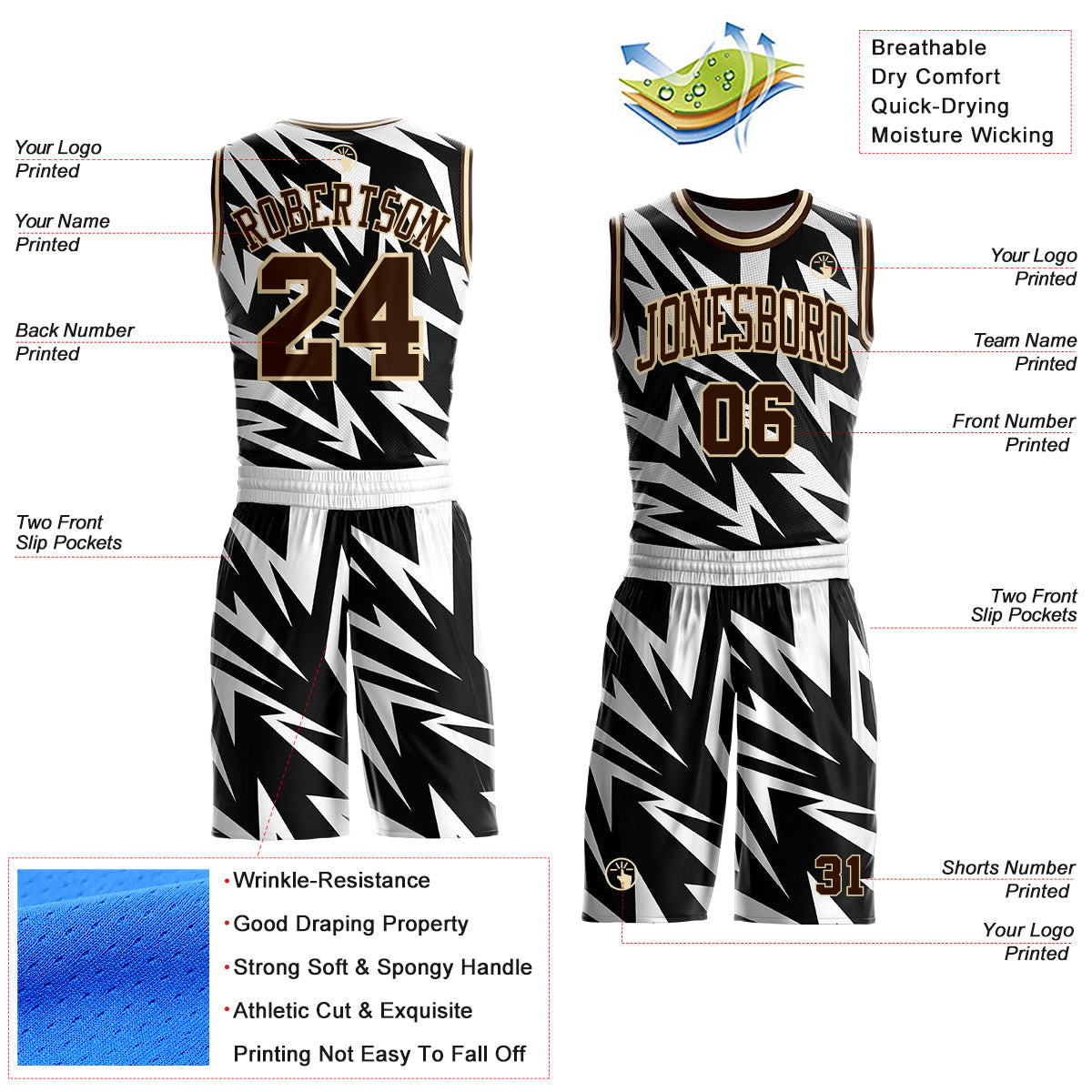 Custom White Brown Black-Cream Vibrant Lightning Stripe Round Neck Sublimation Basketball Uniform Jersey view 2