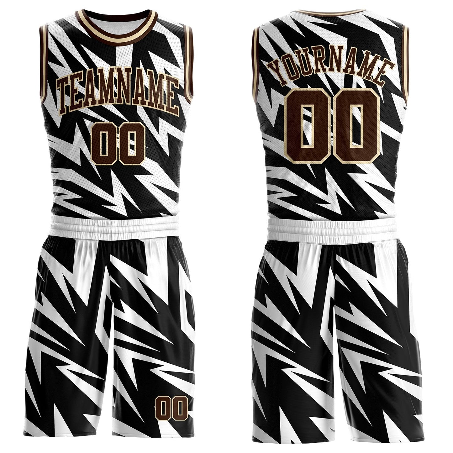 Custom White Brown Black-Cream Vibrant Lightning Stripe Round Neck Sublimation Basketball Uniform Jersey - Main View