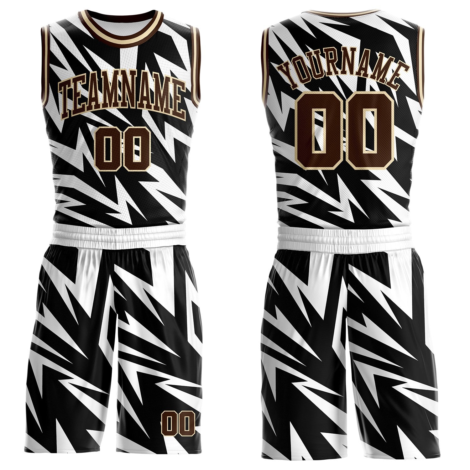 Custom White Brown Black-Cream Vibrant Lightning Stripe Round Neck Sublimation Basketball Uniform Jersey - Main View