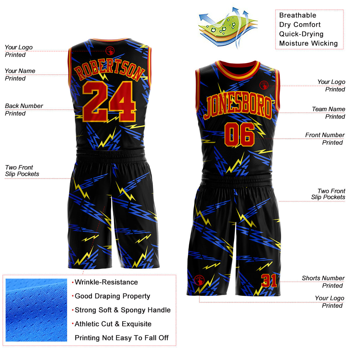 Custom Black Red Blue-Gold Vibrant Lightning Round Neck Sublimation Basketball Uniform Jersey view 2